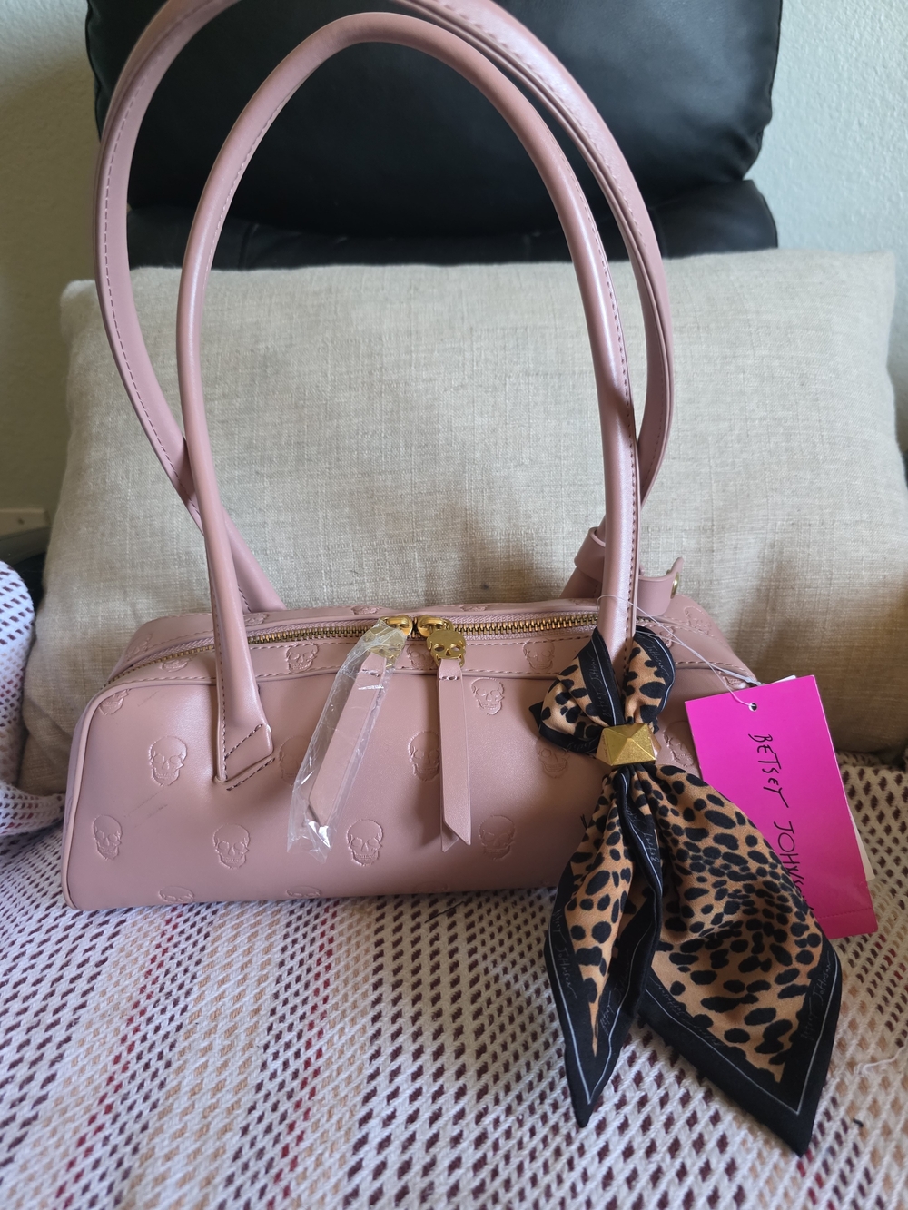 Betsey Johnson Pink Barrel Satchel with Leopard Scarf Accent